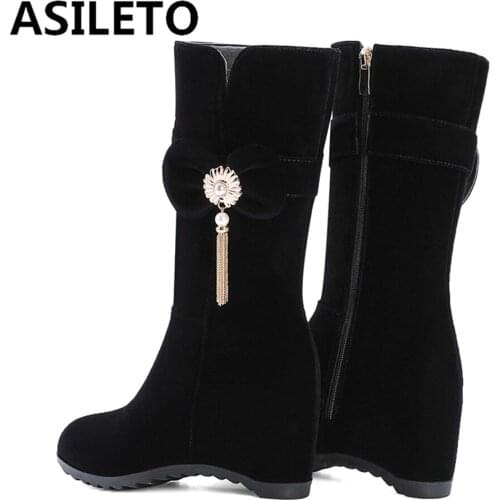 ASILETO Womens mid calf boots Wedges Bowtie Flock Increased Zipper Female mujer Pearl Tassel Round toe Boats for women S2401