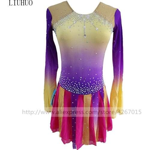 Figure Skating Dress Womens Girls' Ice Skating Dress Multicolor Long sleeves of high elastic fabric Rainbow color Fine drill
