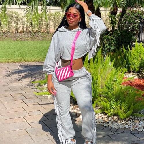 Streetwear Joggers Two Piece Set Women Fall Winter Hoodies Crop Top and Tassel Sweatpants Sweat Suit Casual Matching Sets Sporty