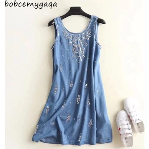 Sequined summer sleeveless denim dress women o-neck light blue sexy short jeans denim sundress cute mini beach dress cotton