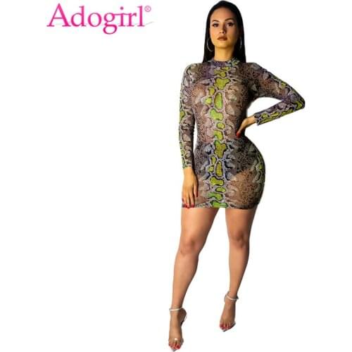 Adogirl Snakeskin Print Sheer Mesh Bodycon Club Dress O Neck Long Sleeve Sheath Mini Party Dress Women Fashion Vestidos Outfits
