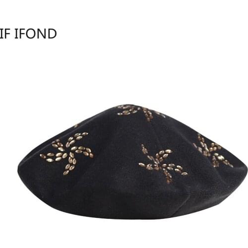 2020 Ladies Elegant Rhinestones Beret Hat Autumn Winter French Artist Cap High Quality Female Vogue Knitted Hats