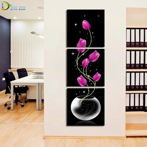 Diamond Paintings Glass Bottle Flower Full Square/Round Triptych Diamond Embroidery Purple Tulip Mosaic Cross Stitch 3PCS Decor