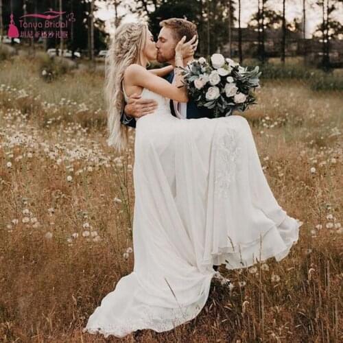 A Line V Neck Long Wedding Dresses Lace Embroidery Bohemian Bridal Gown 30cm length Train 05261433