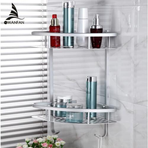 VidricShelves 2 Tier Metal Wall Mounted Shower Corner Shelf Washing Cosmetic Basket Bath Bathroom Accessories Towel Hook 2517