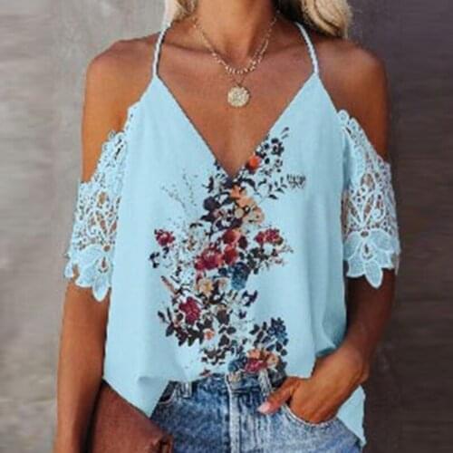 Womens Lace Sling T-shirt Fashion Loose Casual Floral Print Off Shoulder V-Neck Top Summer Beach Vacation Oversized Clothing