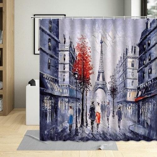 New York Paris Tower Landscape Shower Curtain Set City Couple Modern Oil Painting Art Poster Decor Bathroom Curtains With Hooks