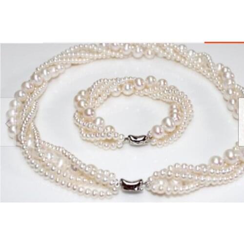 Beautiful 6row 6-10mm white pearl necklace 18inch &bracelet 8"set
