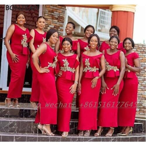 Red Bridesmaid Dresses 2021 Mermaid V Neck Elastic Satin African Bridesmaid Dress Plus Size for Women Wedding
