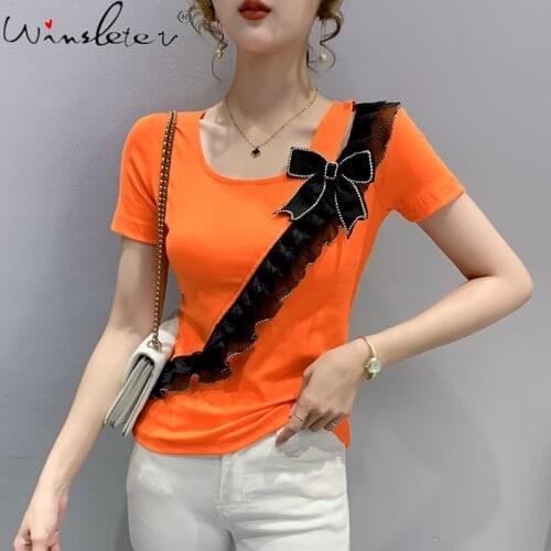 Summer European Style Cotton Ruffles T-Shirt Chic Sexy Skew Collar Bowknot Patch Diamonds Women Tops Short Sleeve Tees T16409A