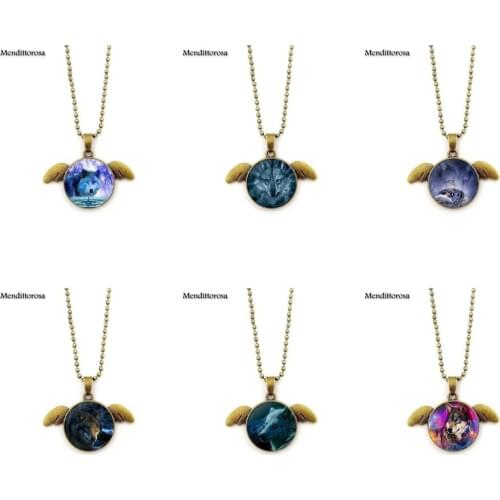 Mendittorosa Glowing Wolf Necklaces Personality Glass Bronze Angel Wings Pendant Necklace Jewelry