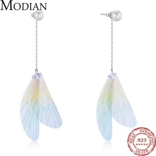 Modian Pure 925 Sterling Silver Colorful Feather Drop Earrings Fashion Unique Pearls Dangle Earring For Women Party Jewelry Gift