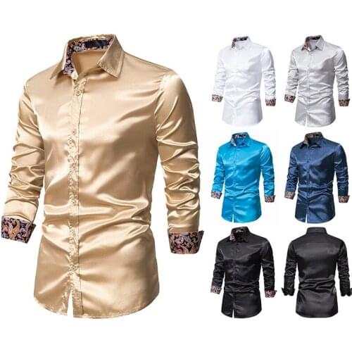 2021 Paisley Patchwork Satin Dress Shirt Men Shinny Slim Long Sleeve Camisas Wedding Bridegroom Plus Size Chemise Homme