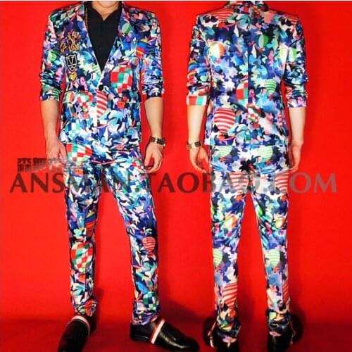 Nuevos hombres ropa slim High-end color camouflage badge traje chaquetas hombre cantante trajes Club estilista de pelo