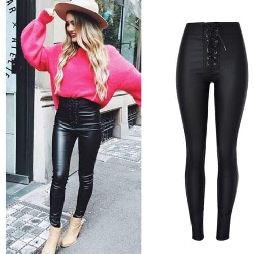 Faux Leather Sexy Pants Women Elastic Lace Up High Waist Slim Leather High Waist Pants Trousers Leren Broeken Plus Size