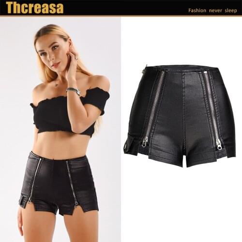 European and American womens nightclub Sexy Black Plush PU leather pants high waist elastic splicing multi zip womens shorts