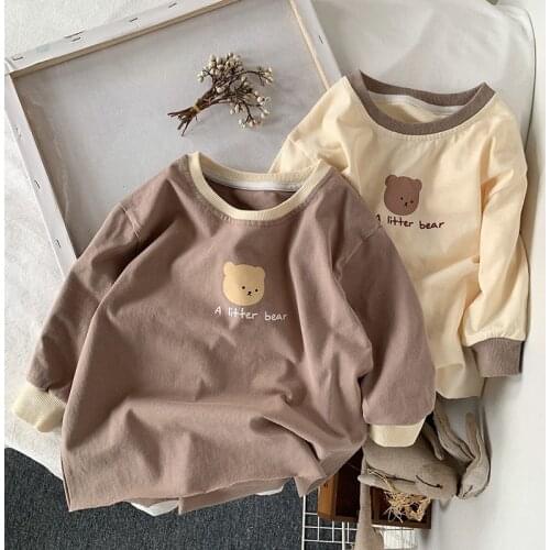 Girls and Boys Casual Bottoming Spring and Autumn Mid-length T-shirt Childrens Cute Cartoon Bear Long-sleeved Shirt