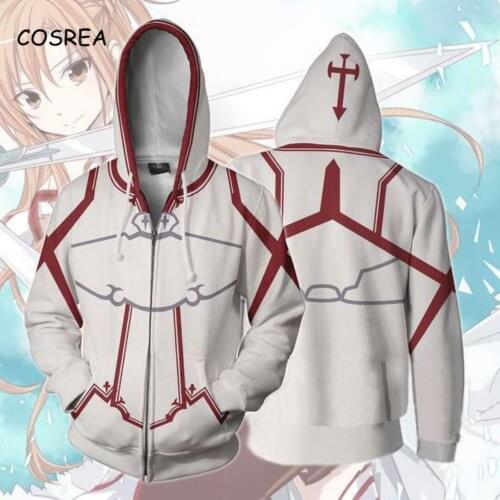 Anime Sword Art Online Hoodie SAO Kirito Kirigaya Kazuto Yuuki Asuna Cosplay Print Casual Sweatshirt Thin Zipper Top Coat