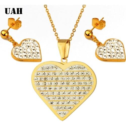 UAH Fashion Wedding Gift Jewelry Gold Color Heart Shape Crystal Stainless Steel Earrings Necklace Set Women Jewelry Sets