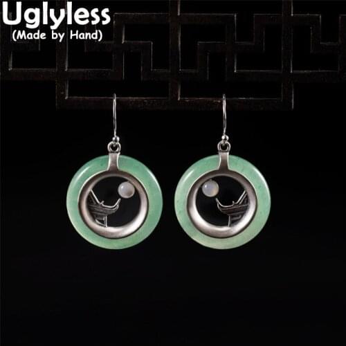 Uglyless Oriental Charming Temple Buildings Earrings for Women Jadeite Peace Buttons Earrings 925 Silver Pearls Brincos Ethnic