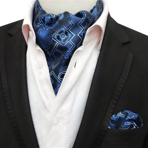 High Level Mens Ascot Set Luxury Blue Plaid Paisley Pattern Formal Scarf with Pocket Square
