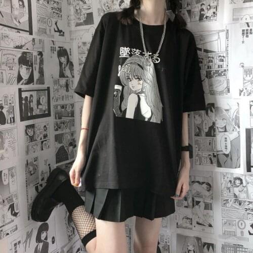 Y2k Anime Gothic Women T-shirt Print Short Sleeve black crop Tops Tees Harajuku Casual T-Shirt Clothing T-shirts kawaii Oversize