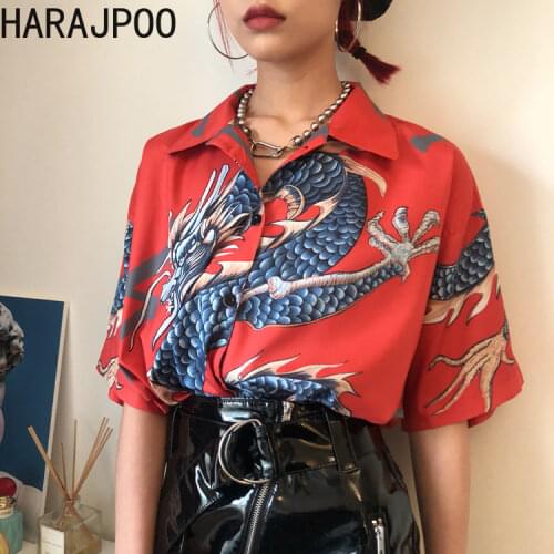 Harajpoo Women Shirts Summer South Korea Harajuku BF Style Street Vintage Flying Dragon Print Loose Short-sleeved Couple Top