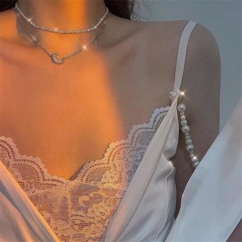 White Moonlight Sparkling Inlaid Zircon Fritillary Moon Necklaces Gentle Simple Fashion Double Clavicle Chain Necklace for Women