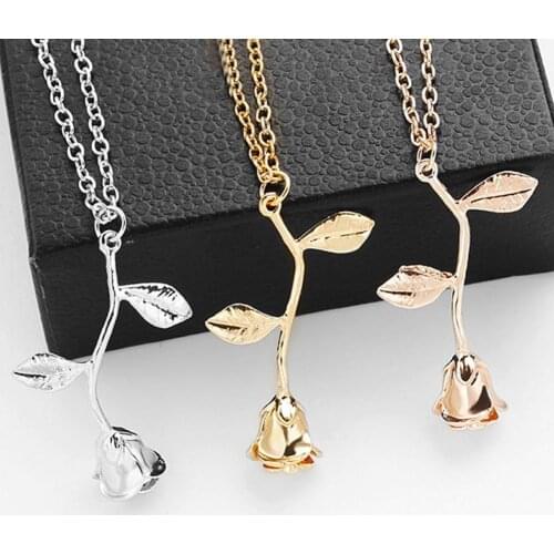 BLUELANS Women Fashion 3D Rose Flower Pendant Alloy Chain Necklace Valentines Day Jewelry sautoir long argent Girls Party Gift