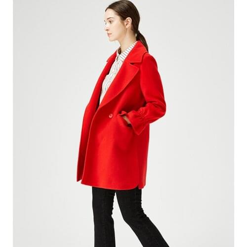 Womens woolen wool coat New red Lapel double breasted