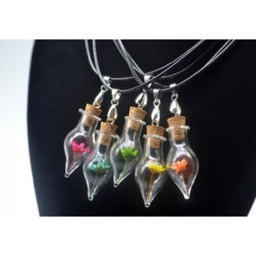 1pcs Fashion Drop shape DIY Dry Flower Glass Cork Wishing Bottle necklace Pendant leather chain Necklace for Women jewelry Gift