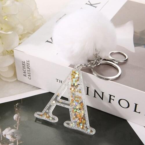1PC Women Keychains 26 Glitter Gold Hollowed-Out Words Handbag English Letter Keyring with Puffer Ball Charms