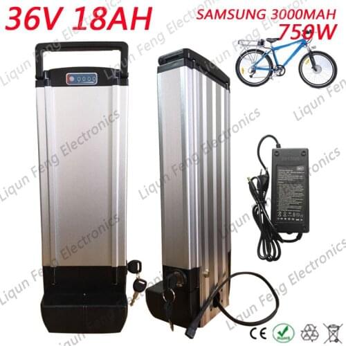 Free shipping 36V18Ah 750w rear rack battery silver housing Lithium-ion electric bike battery with 20A BMS and charger