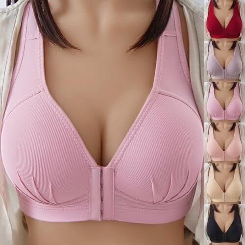 Fashion Womens Large Size Bra Solid Color Bra Front Buckle Anti-sag Bra Breathing Soft Bra Without Steel Ring