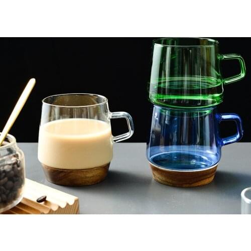 Colored Glass Cup High Borosilicate Wooden Coaster Coffee Cup Tea Cup Milk Juice Drinking Glasses