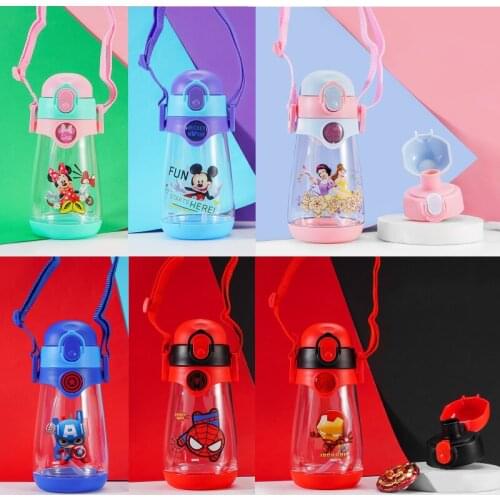 Disney Mickey Minnie Childrens Plastic Water Cup with Straw Marvel Spider-Man Iron Man Cartoon Student Drinking Water Bottle