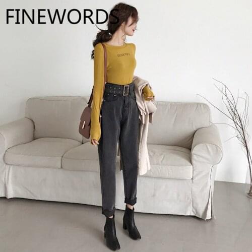 FINEWORDS Gray Harem Boyfriend Jeans For Women High Waisted Jeans With Belt Vintage Casual Loose Boot Cut Jean Classic Mom Jeans