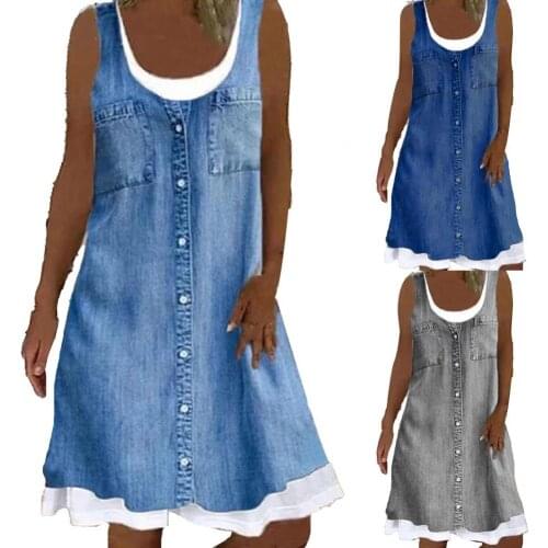 Summer Women Dress Casual Loose Sleeveless Large Hem Fake Two Piece Dress Solid Color Round Neck Strap Dress