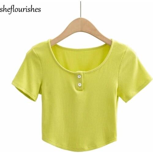 Summer t shirt women sexy cropped top casual short sleeve tees basic knitted woman tshirts white black shirts yellow orange 2021