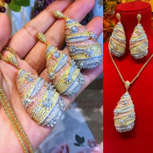Missvikki Luxury Flower Necklace Earring Sets Cubic Zircon Water Drop jewelry Sets for women Wedding 3 Tone Dubai Bridal Jewelry