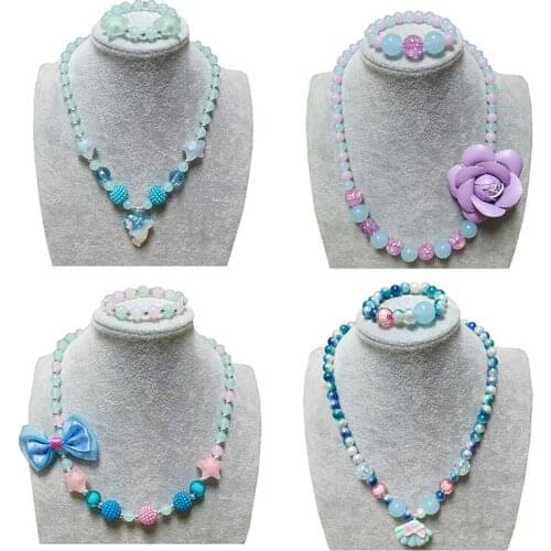 Fashion Cartoon Story Of Blue Camellia Bow Dolphin Shell Necklace Bracelet For Children Jewelry Sweet Multicolor Kids Party Gift