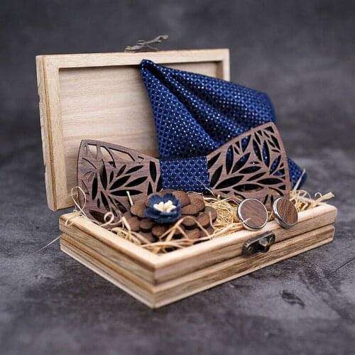 Handmade Mens Wood Bow Tie with Matching Pocket Square and Mens Cufflinks Set