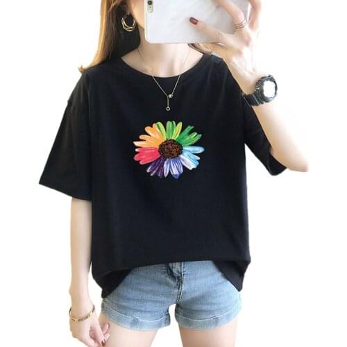 New Summer Women Loose Print T-shirt Hot Fashion Rainbow Flower Pullover Casual Base Shirt Ladies Breathable Comfortable Female