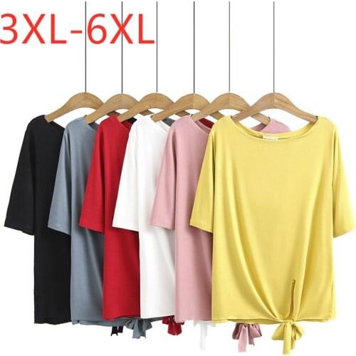 New 2021 Ladies Summer Plus Size Tops For Women Large Short Sleeve Slim Elastic Yellow White Bow O-neck T-shirt 3XL 4XL 5XL 6XL