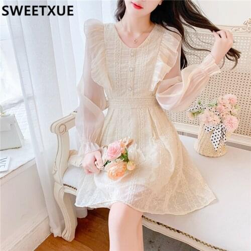 SWEETXUE 2021 Autumn French Puff Sleeve Embroidered Dress Womens Sweet and Cute Kawaii Party Mini Dress