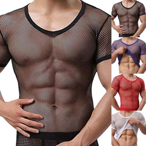 Sexy Men Mesh See Through T-Shirt Fishnet Hollow Clubwear Streetwear Perform Male Short Sleeve Top Undershirt Top Tee