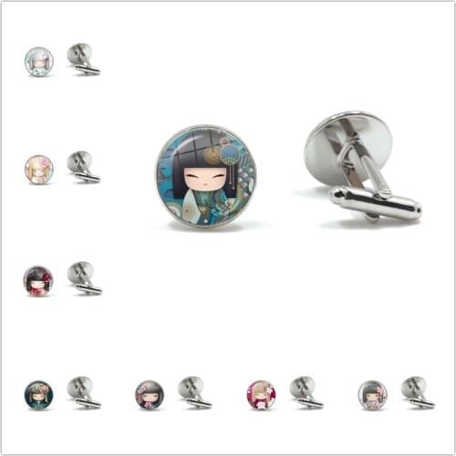 Lovely Japanese Girl Cartoon Glass Cabochon Cufflinks Cuff Button Jewelry Cute Gifts For Men Wholesale