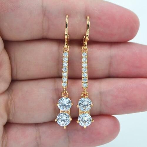 Gold Color Clear Round Crystal Stylish Linear Dangle Earrings For Women Party Jewelry