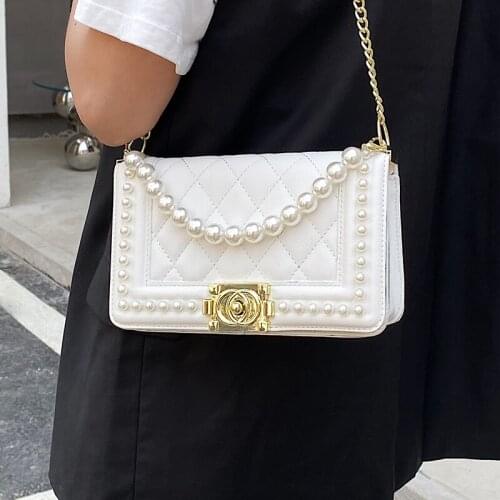 Diamond Lattice Shoulder Bags for Women Quilted Chain Pearl Messenger Bag Ladys Lozenge Square Crossbody Bag Small Flap Handbags