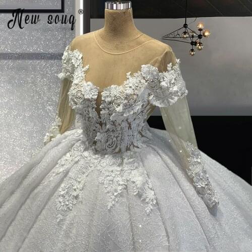 NEW A-Line Appliques Wedding Dress 2021 Princess Long Sleeve Ball Gown Beading 3D Flowers de Luxe 3D Flowers Bride Dresses